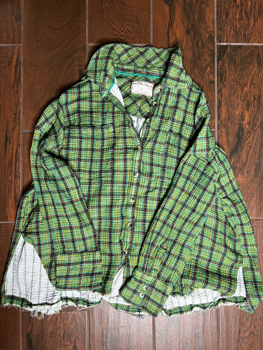 We The Free Oversized Plaid Button Down Shirt Medium Green Raw Hem Shacket